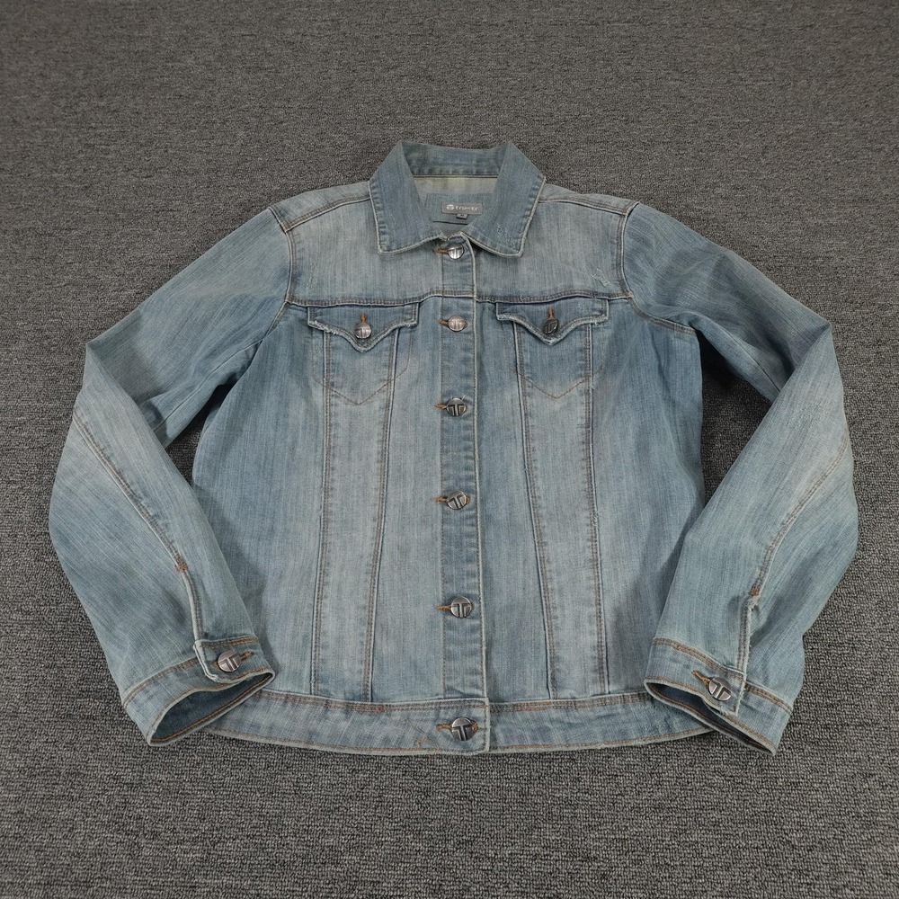 Tractr Denim Jacket‎ Womens Medium Blue Light Wash Button Front Classic Casual